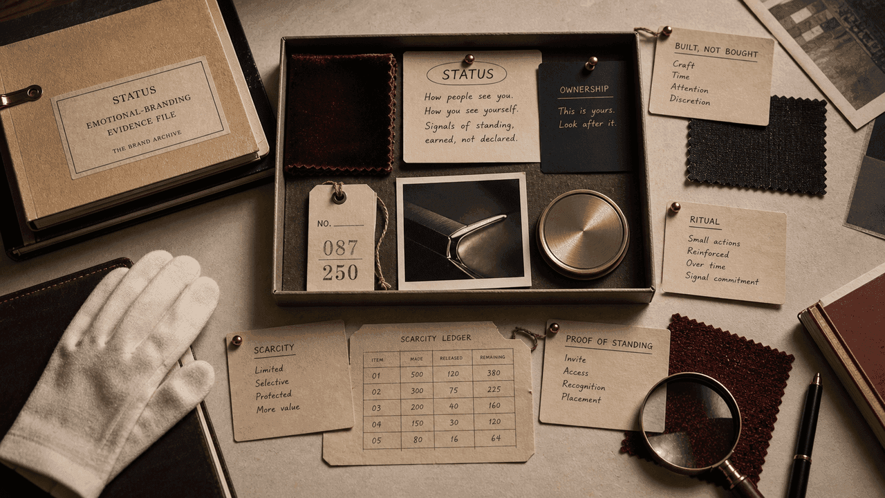 Premium archive-table still-life for status in emotional branding with craft samples, ownership cards, scarcity notes, and ritual evidence.
