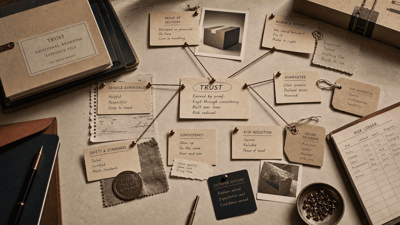 Premium archive-table still-life for trust in emotional branding with service receipts, repair notes, guarantee tags, and risk-ledger evidence.