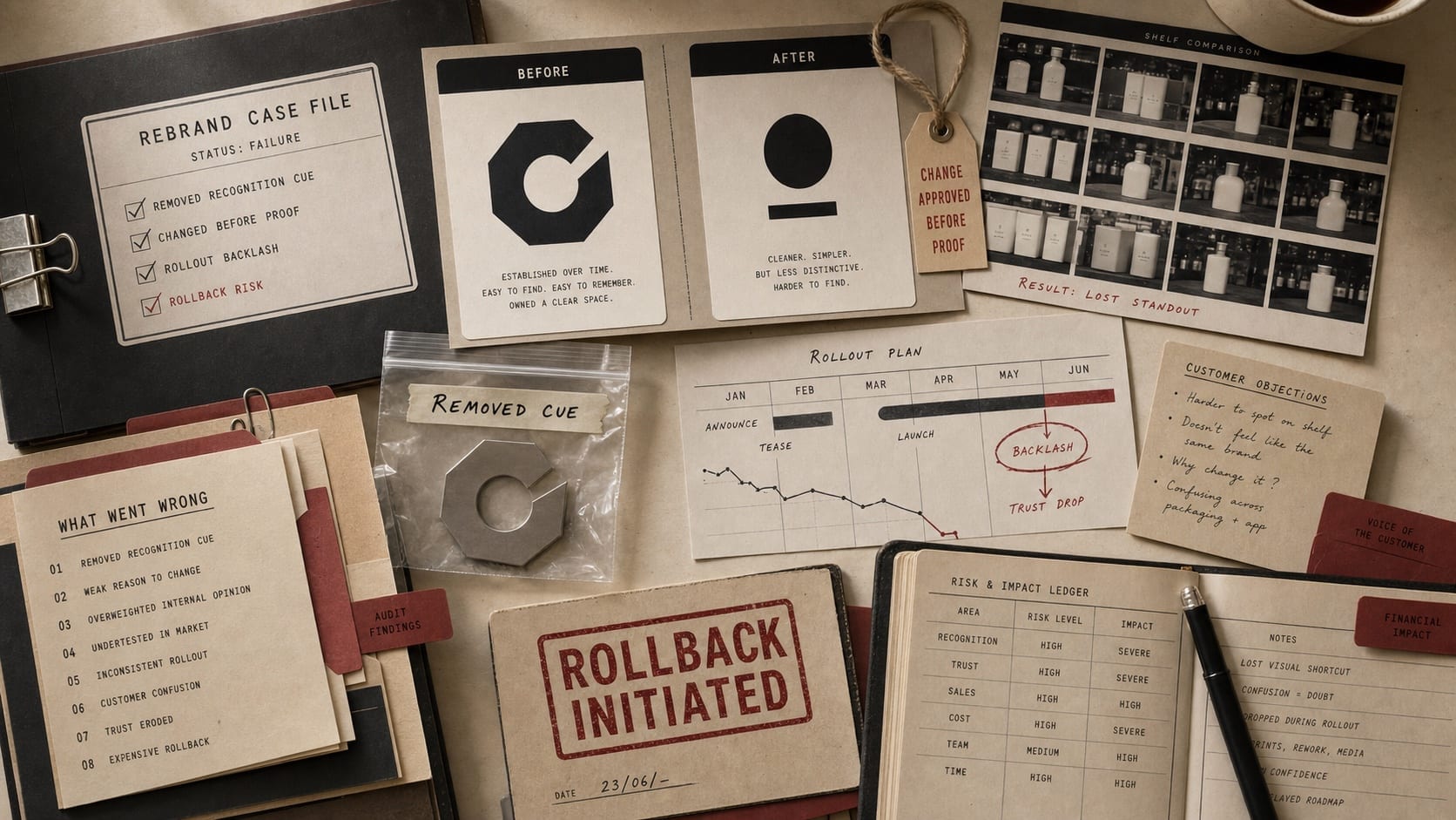 Premium archive-table still-life for failed rebrand examples with discarded mark cards, recognition cue fragments, backlash notes, rollback stamps, and warning files.