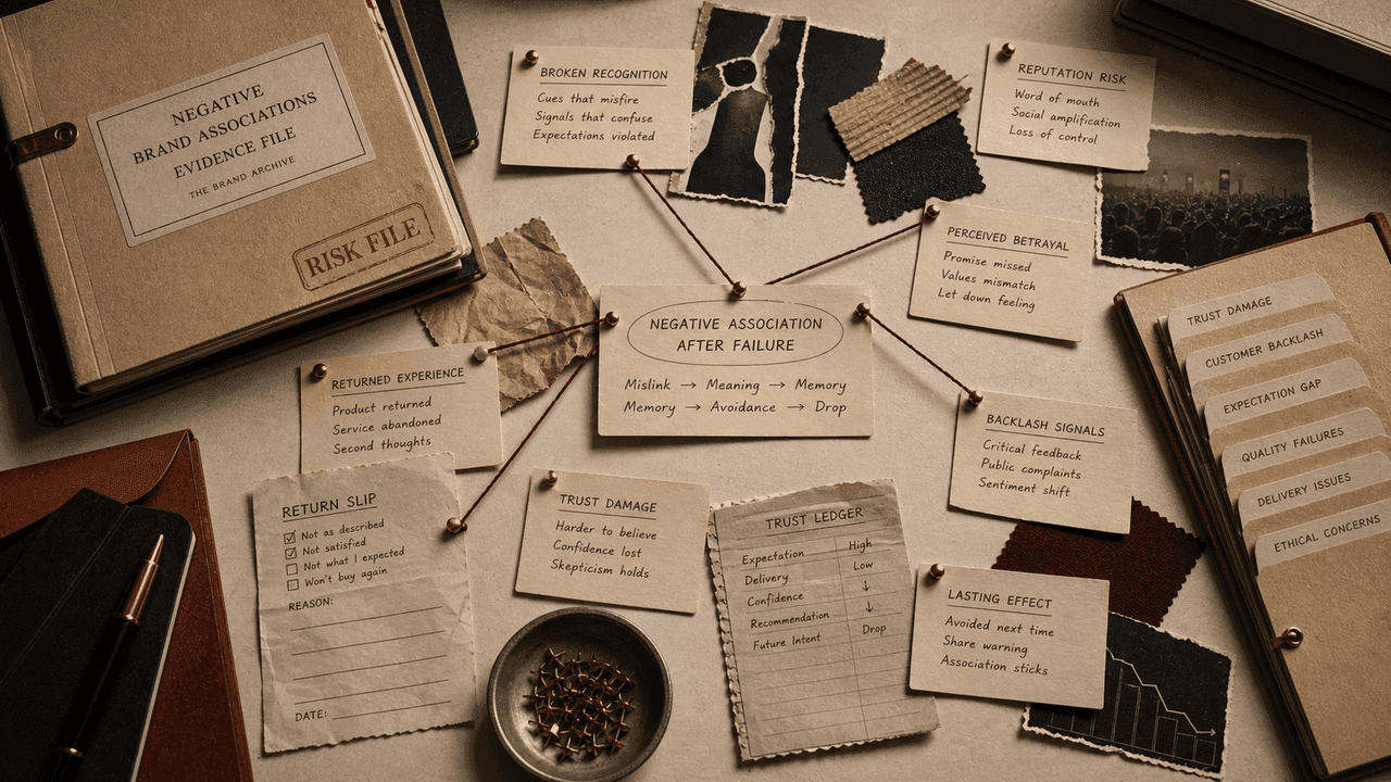 Premium archive-table still-life for negative brand associations with warning tabs, backlash notes, trust-damage files, and broken cue fragments.