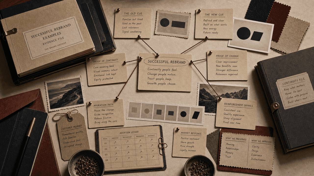 Archive table with successful rebrand proof files and source cards.