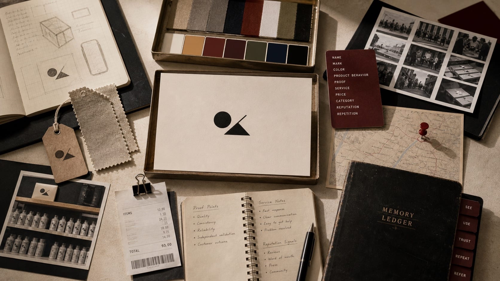 Premium brand-signal still-life for a branding definition with cue cards, proof notes, memory notes, recognition checks, and customer decision markers.