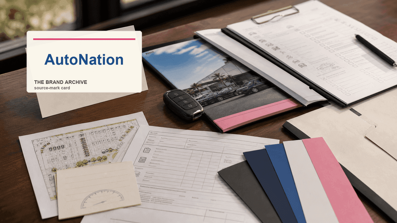 Premium editorial still-life of an AutoNation dealer network case with AutoNation source-mark card, generic car key fob, dealership folder, inspection checklist, financing worksheet, service bay ticket, lot map, odometer card, and color swatches