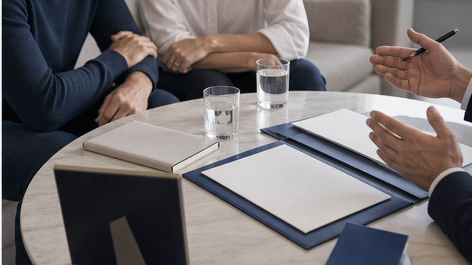 Adviser and client discussing long-term protection and savings at a meeting table.