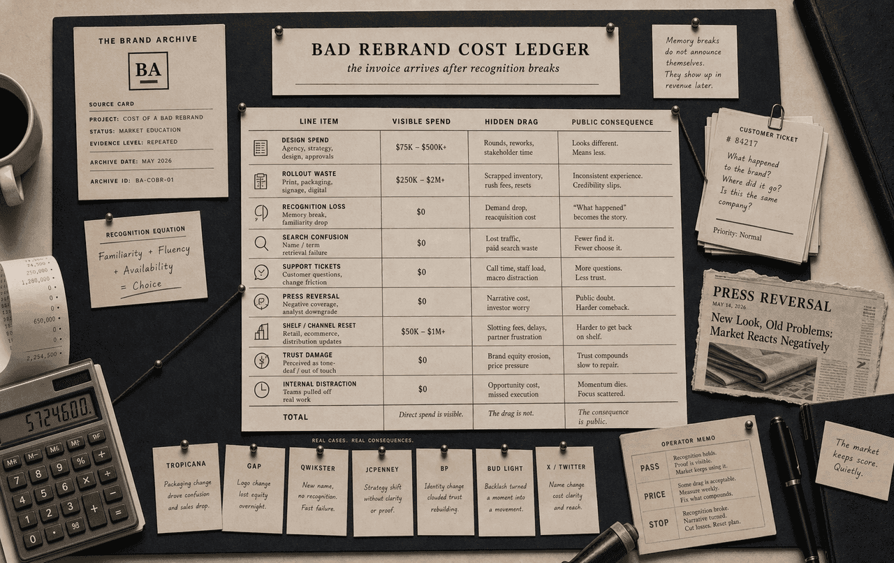 Cost ledger showing hidden rebrand rollout surfaces and replacement notes.