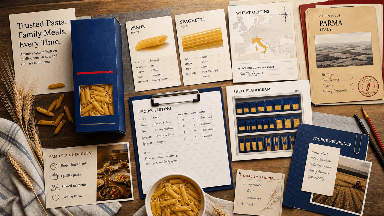 Premium editorial still-life of a Barilla pasta trust case with generic blue pasta box, penne and spaghetti sample cards, wheat origin map, Parma folder, recipe testing sheet, grocery shelf planogram, and source reference folder