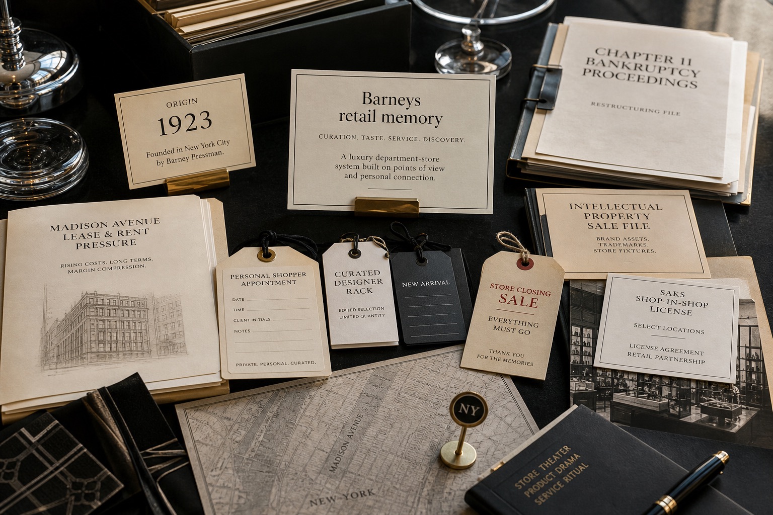Premium editorial still-life of a Barneys New York failed luxury retail case with 1923 origin card, Madison Avenue lease and rent pressure folder, curated designer rack tags, Chapter 11 file, intellectual property sale file, store closing tag, and Saks shop-in-shop license card