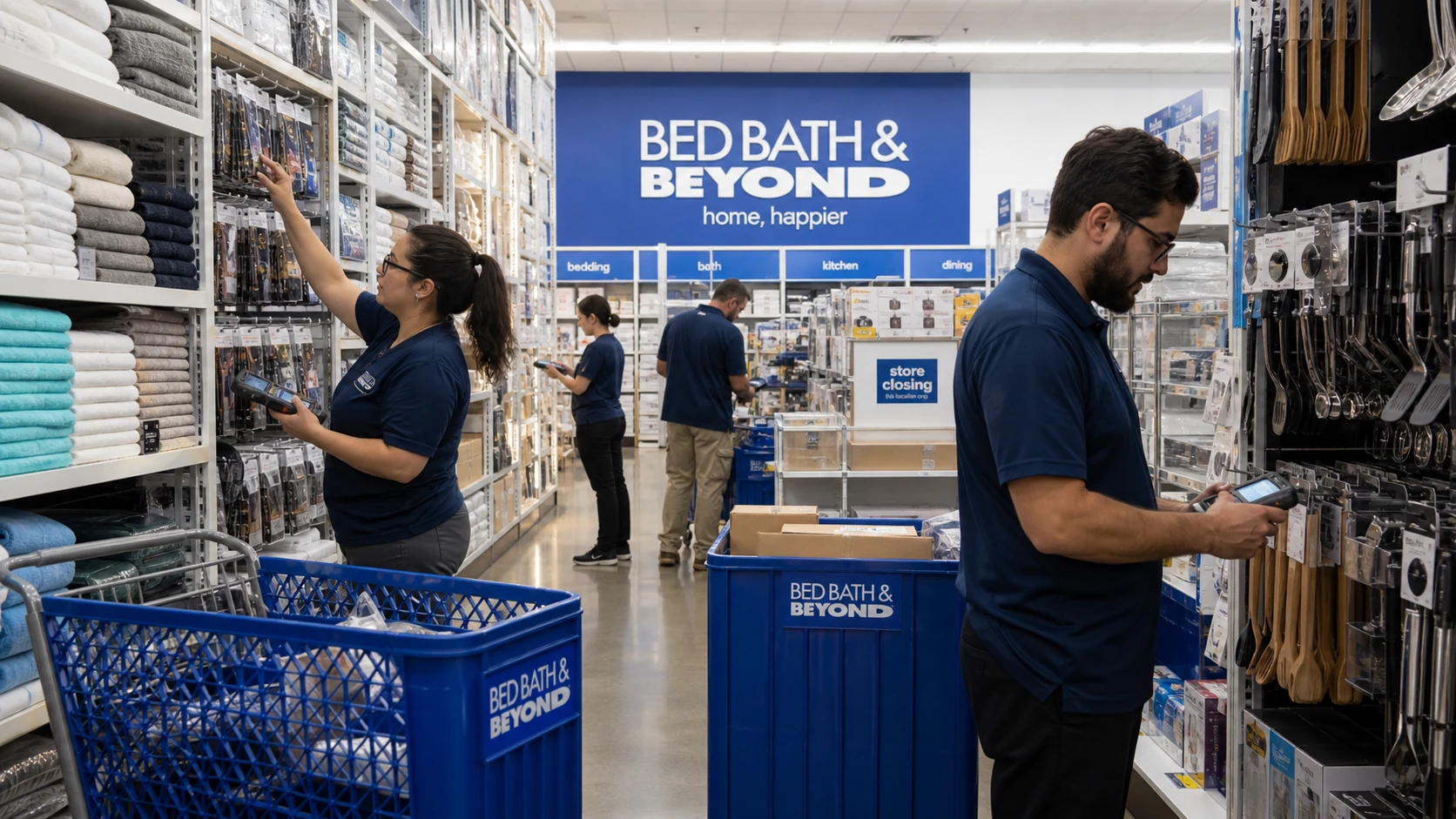 Bed Bath & Beyond inventory aisle with bedding and home goods during consolidation.