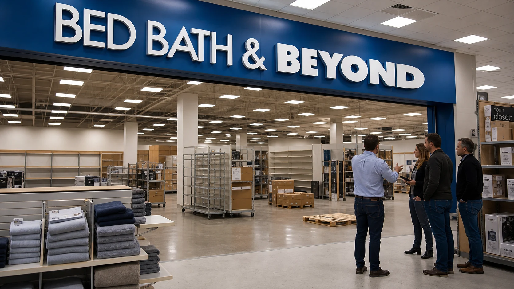 Empty Bed Bath & Beyond store during lease and fixture liquidation.