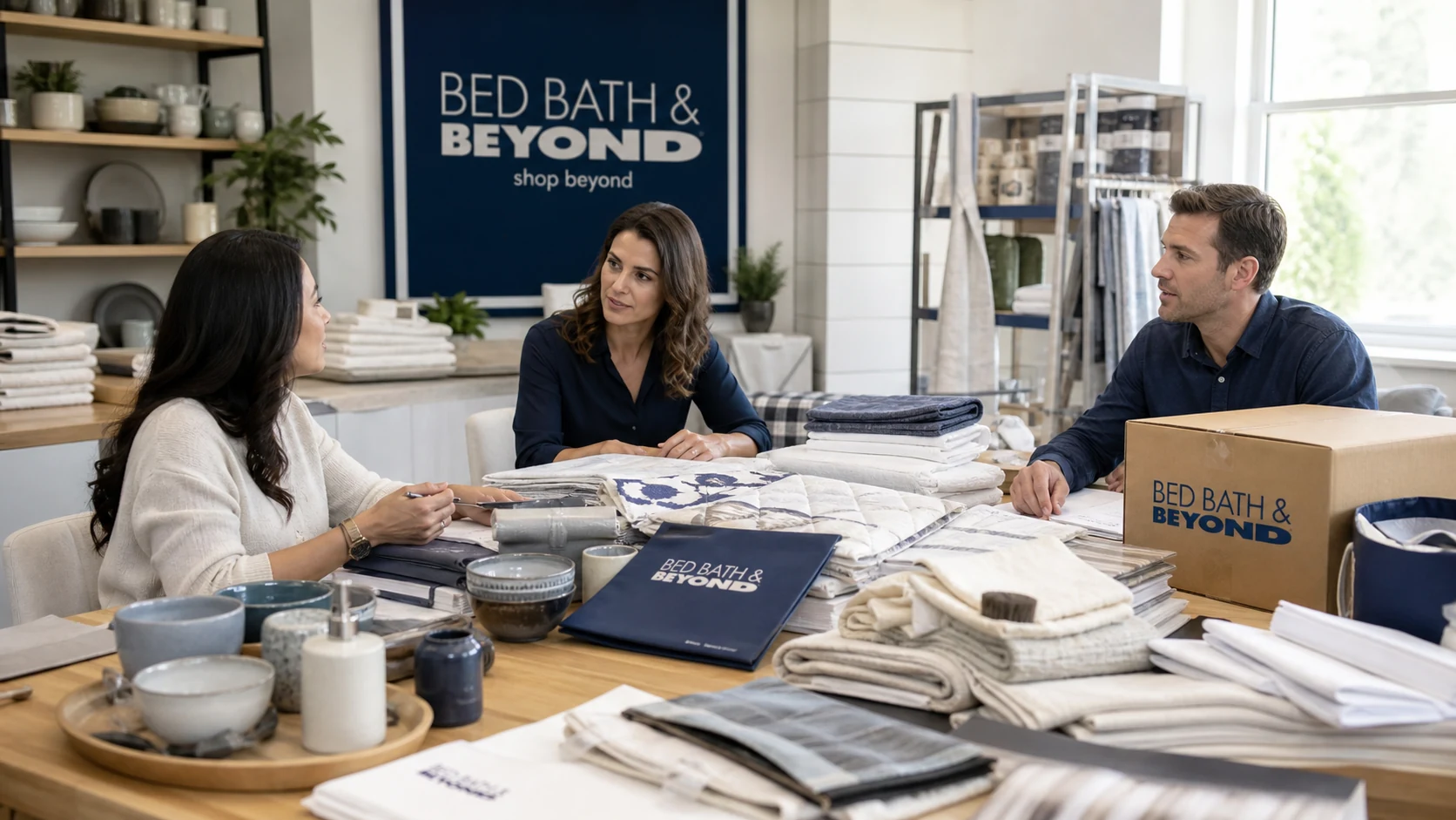 Bed Bath & Beyond product relaunch table with bedding, cookware, and ecommerce planning.