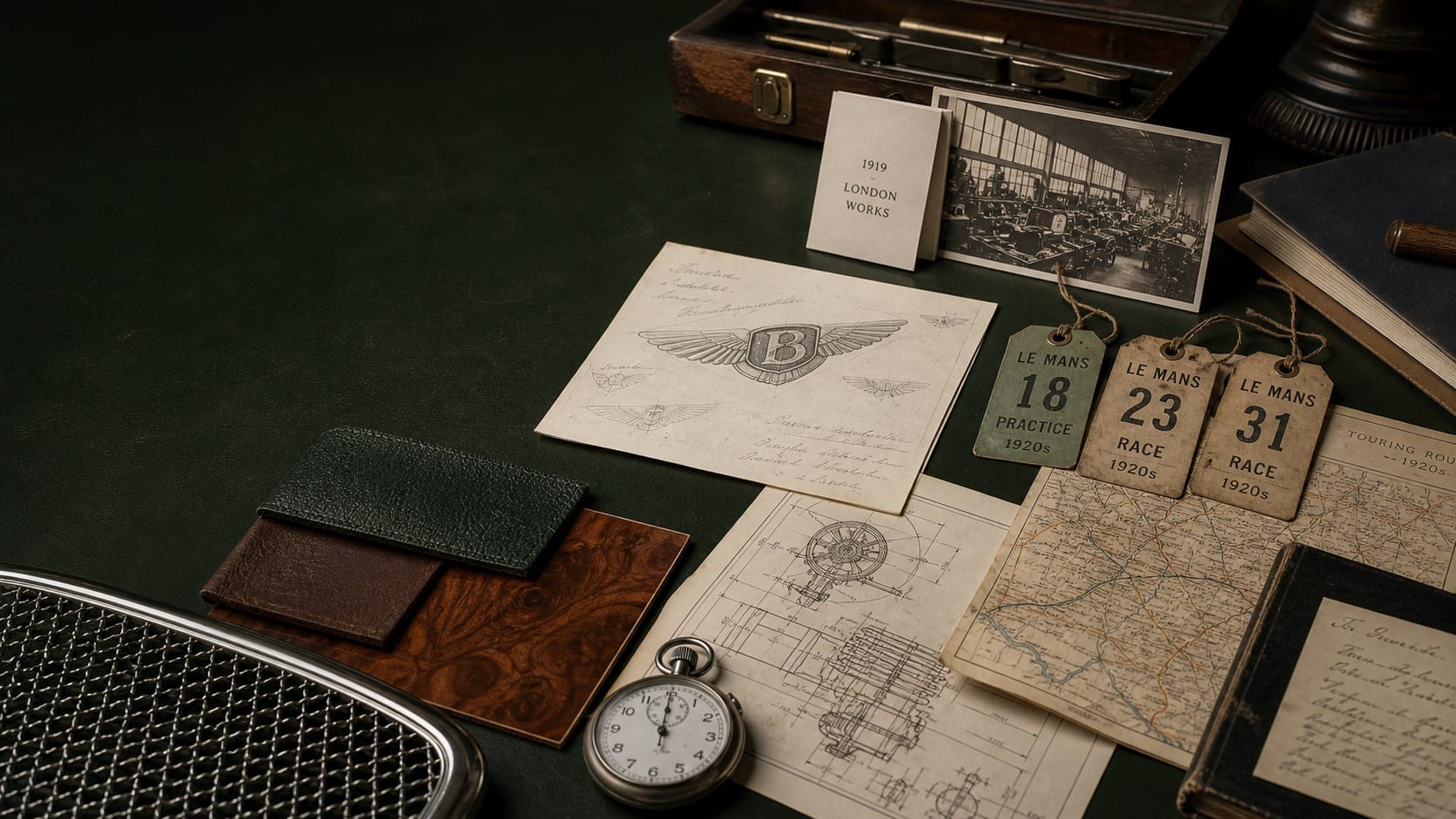 Premium editorial still-life of a Bentley grand-touring case with generic winged emblem study, 1919 London workshop card, Le Mans timing tags, touring route map, grille mesh sample, leather and walnut swatches, chronograph, and mechanical drawings