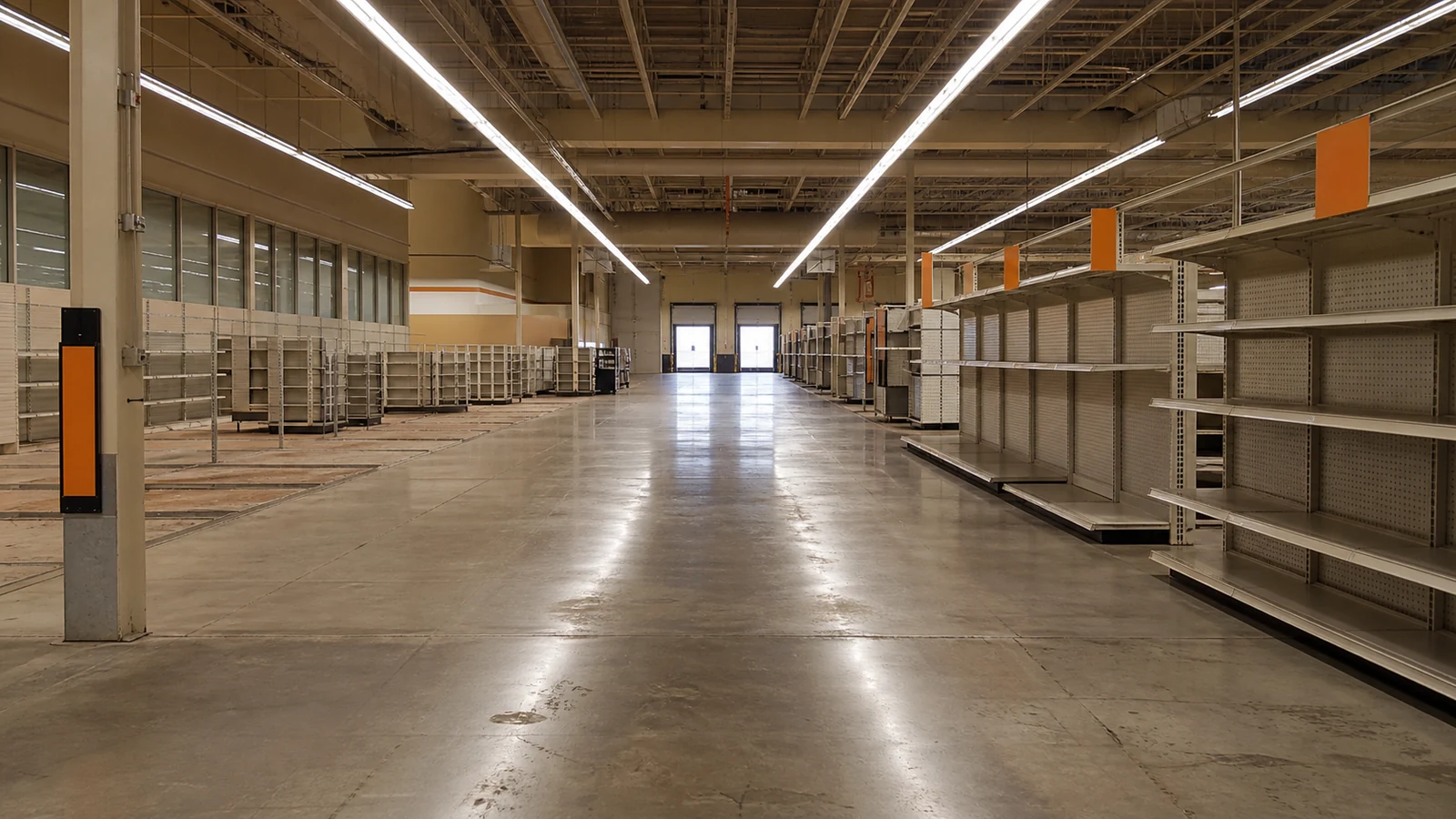 A mostly empty unbranded discount-retail floor after fixtures and merchandise were removed.