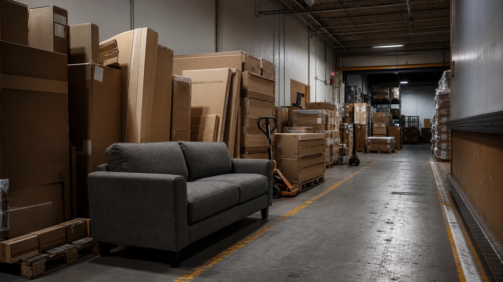 A sofa and boxed furniture waiting in a discount-retail backroom delivery lane.