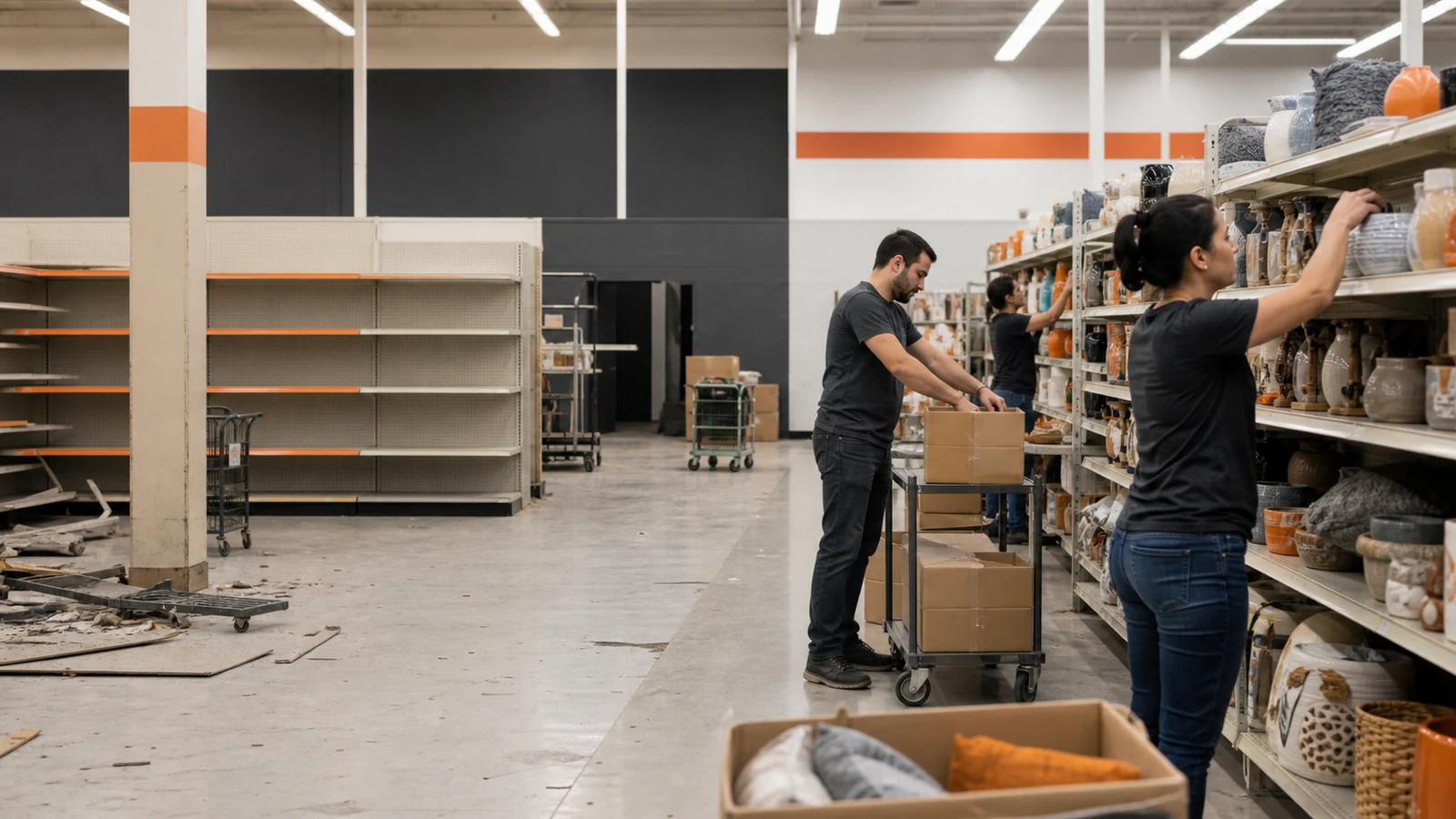Workers restocking one side of a discount store while other shelves remain empty during a reset.