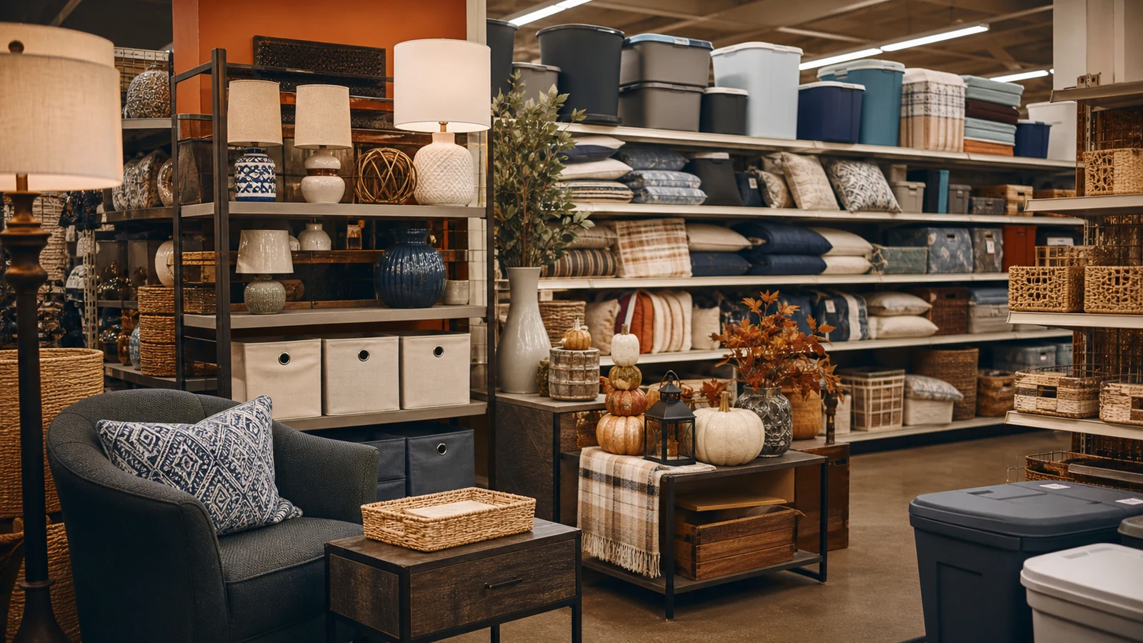 A dense discount home-goods assortment with lamps, storage bins, bedding, decor, and seasonal items.