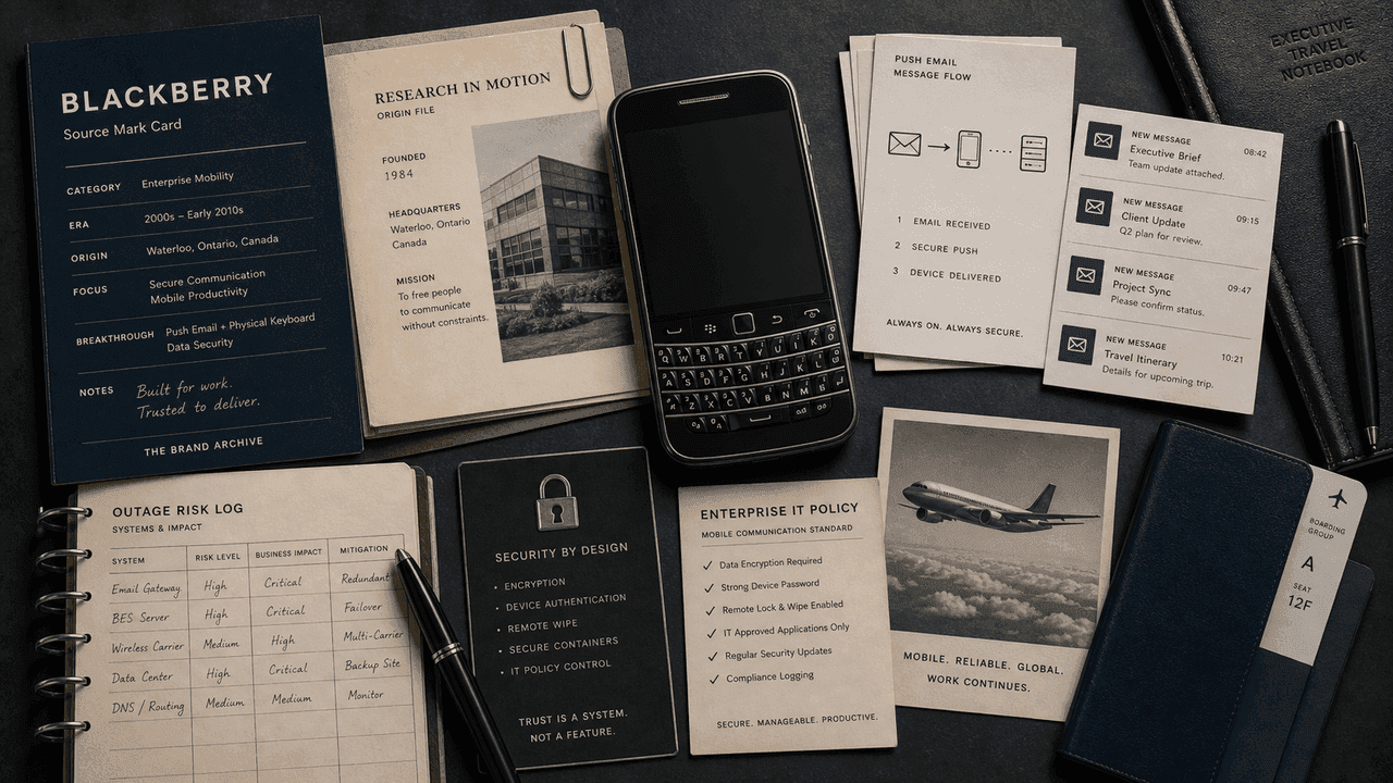 Premium editorial still-life of a BlackBerry secure mobile work case with source-mark card, generic keyboard smartphone, push email cards, enterprise IT policy sheet, encryption card, origin file, travel notebook, and outage-risk ledger