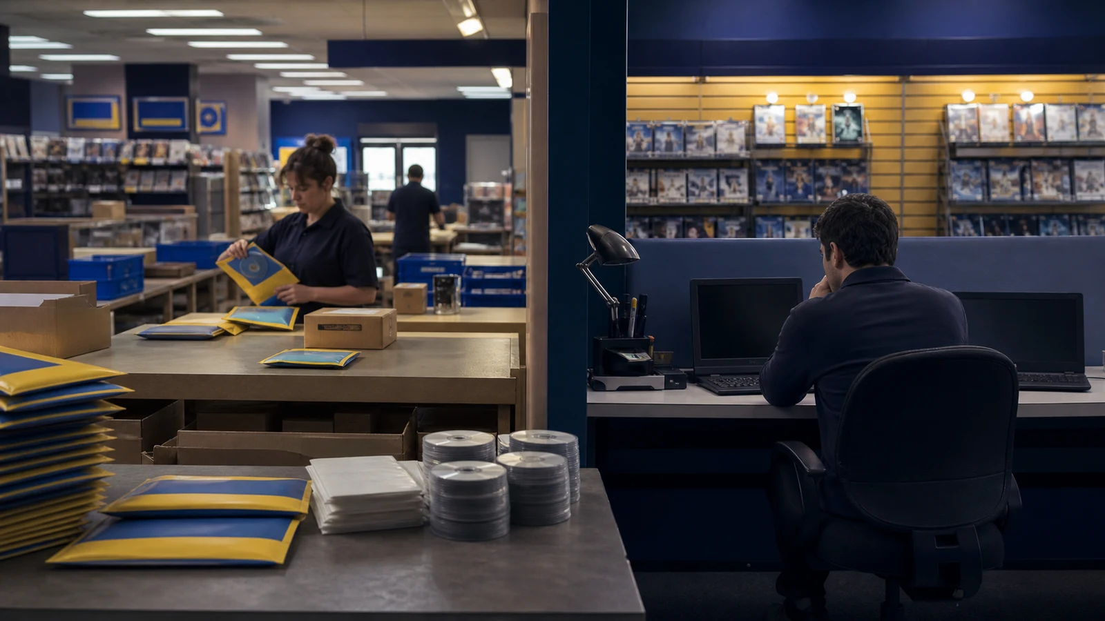 Early-2000s DVD-by-mail packing area beside a small digital media operations desk.