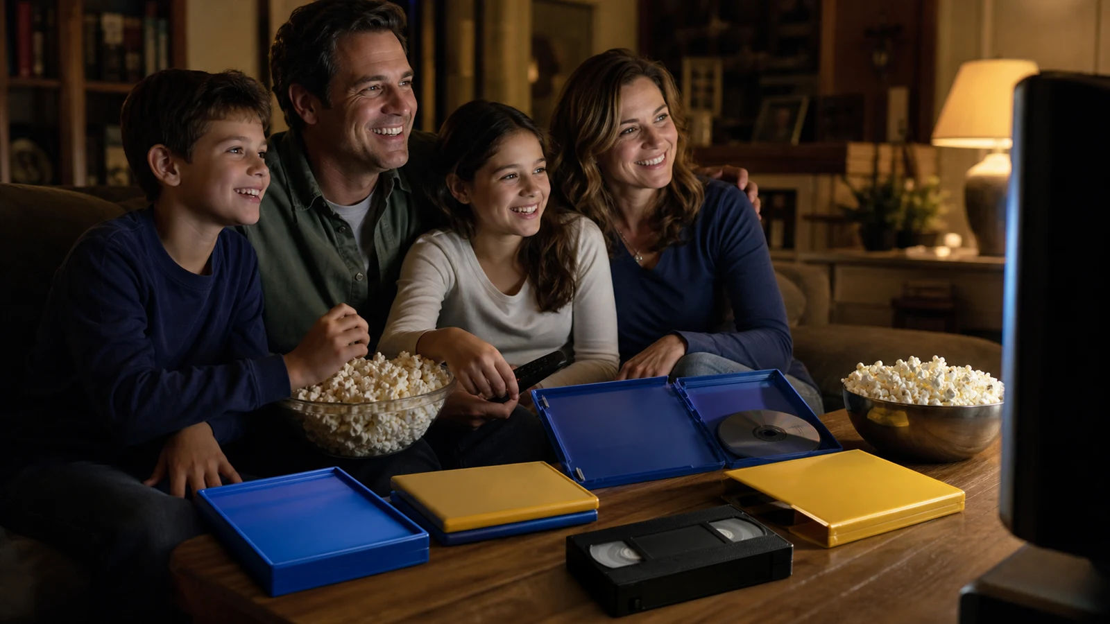 Family movie night with blank blue-and-yellow rental cases, VHS tape, DVD, popcorn, and television glow.