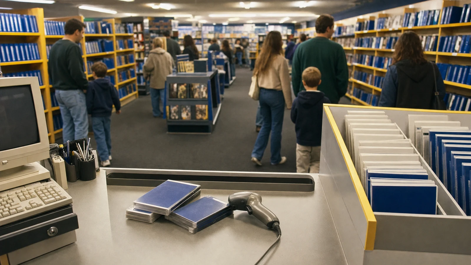 Late-1990s video rental store with blue-and-yellow shelves, rental cases, scanner, and families browsing.