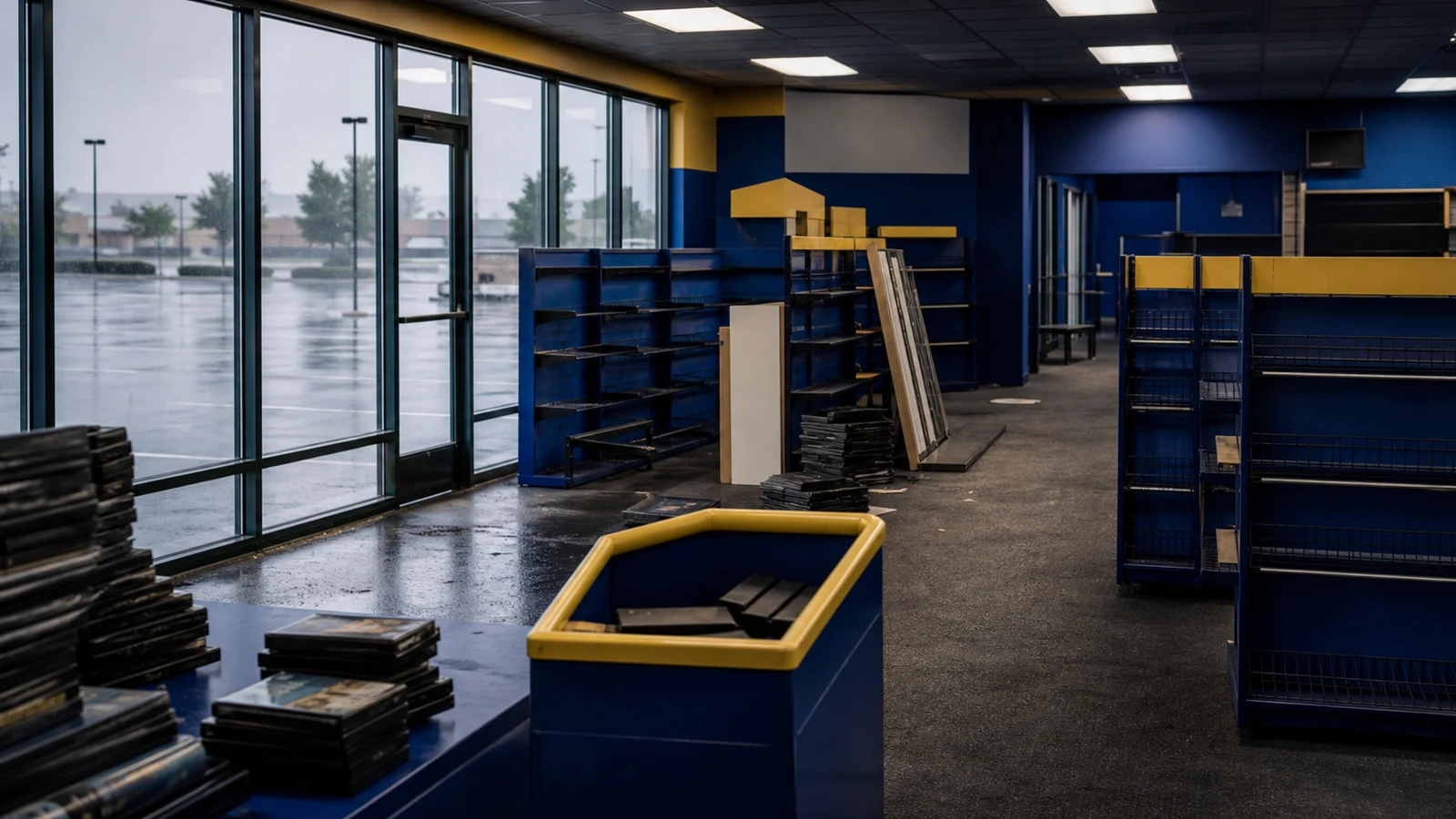 Mostly empty video rental store with blue shelving, removed fixtures, and a final return bin.