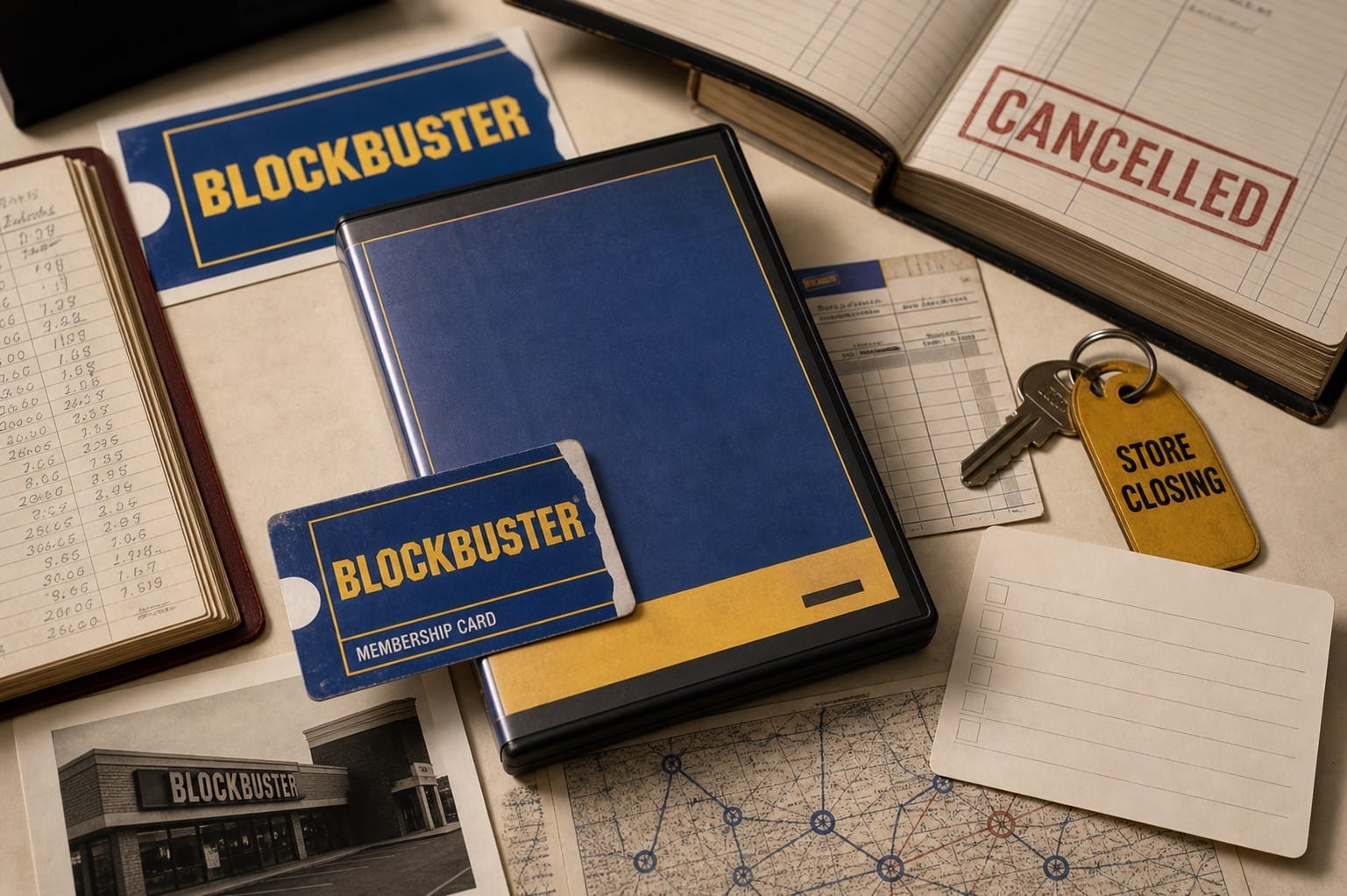 Premium editorial still-life of a Blockbuster failed-brand case with blue and yellow source-mark cards, DVD rental sleeve, membership card, cancelled ledger, store-closing key tag, late-fee notes, and streaming replacement map