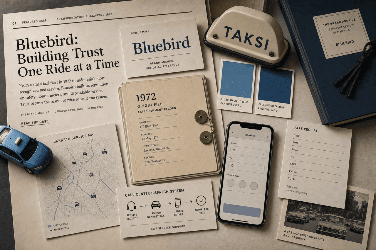Premium editorial still-life of a Bluebird taxi trust case with source-mark card, light-blue taxi swatches, Jakarta street map, taxi roof light silhouette, blank fare receipt, dispatch card, app booking wireframe, and 1972 origin file
