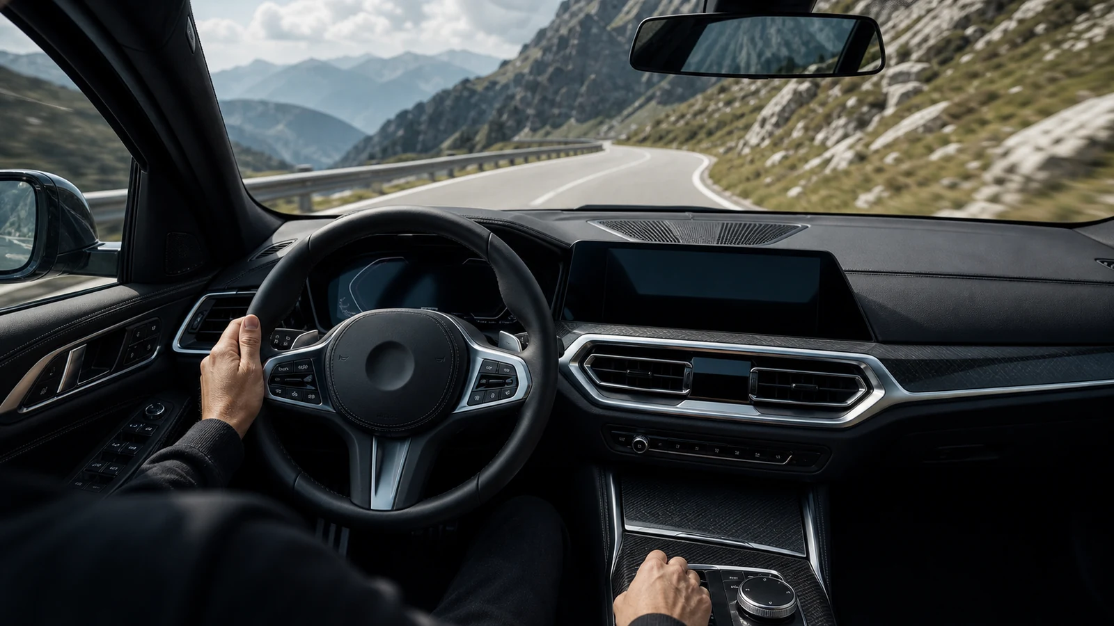 Driver-focused premium cockpit with road visible and no legible screen copy.