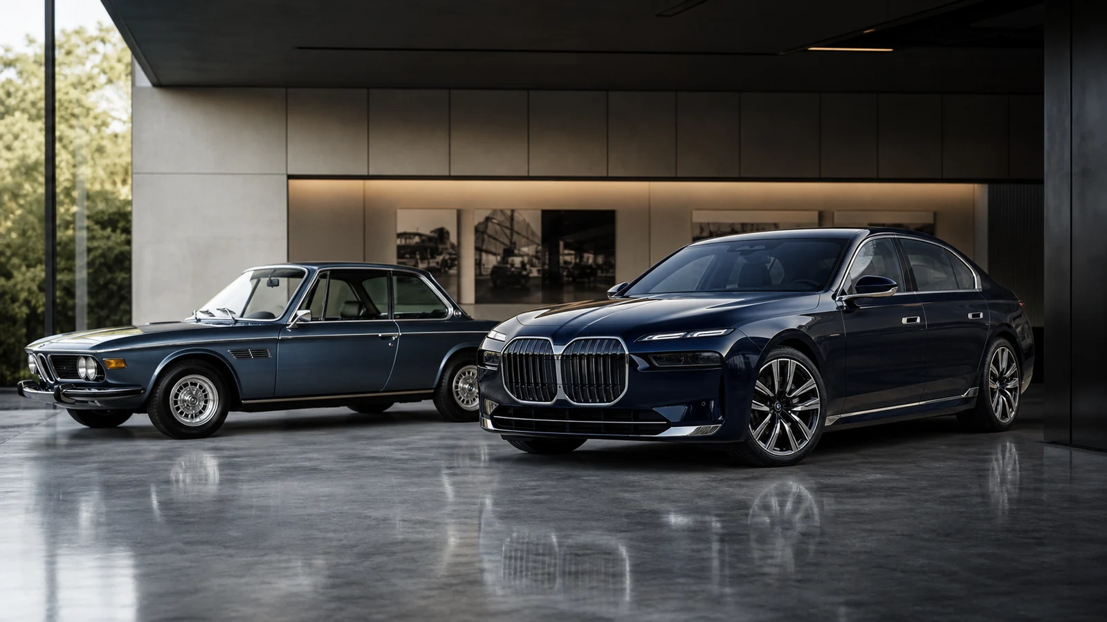 Vintage and modern premium sedans shown side by side without visible badges.