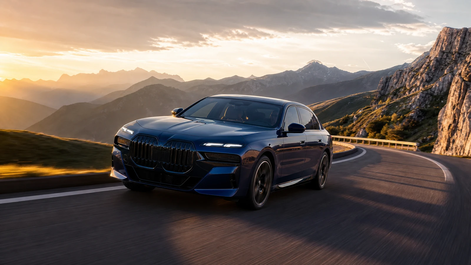 Premium sport sedan on an alpine road with no visible badges or legible plate.