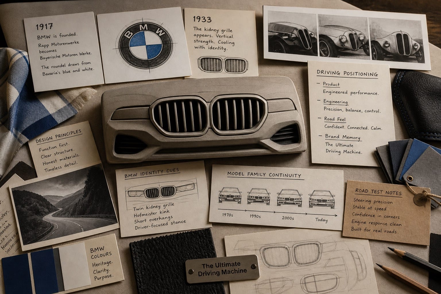 Premium editorial still-life of a BMW kidney grille driving identity case with roundel source-mark card, grille study, blue-white color chips, 1917 card, 1933 card, road-test notes, and model-family continuity diagram