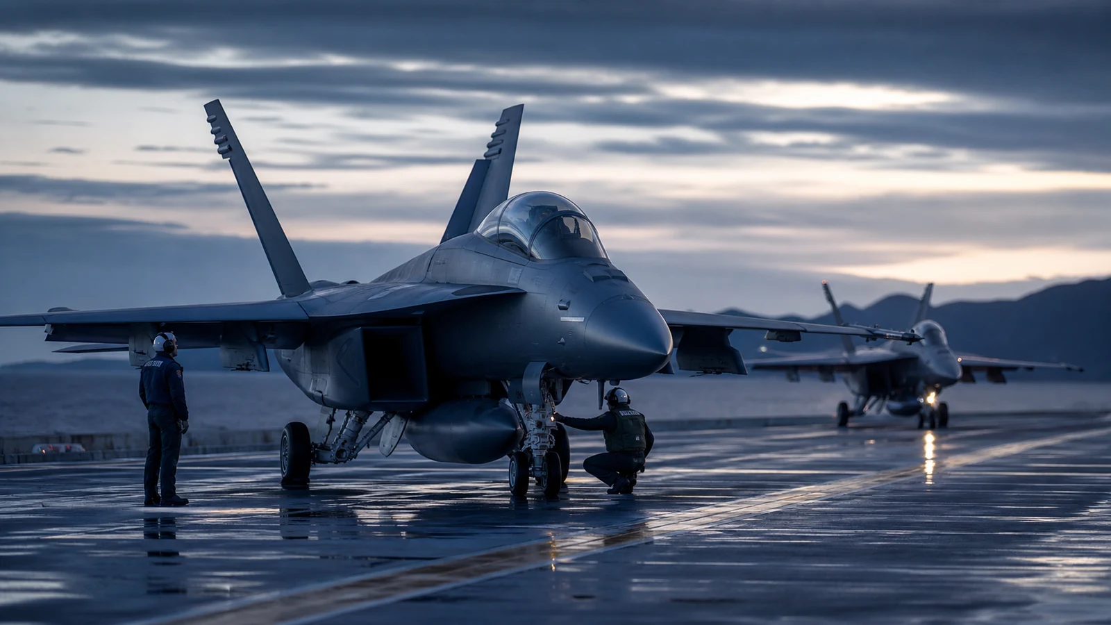 Twin-tail carrier-capable fighter aircraft undergoing a dawn flight-line inspection.