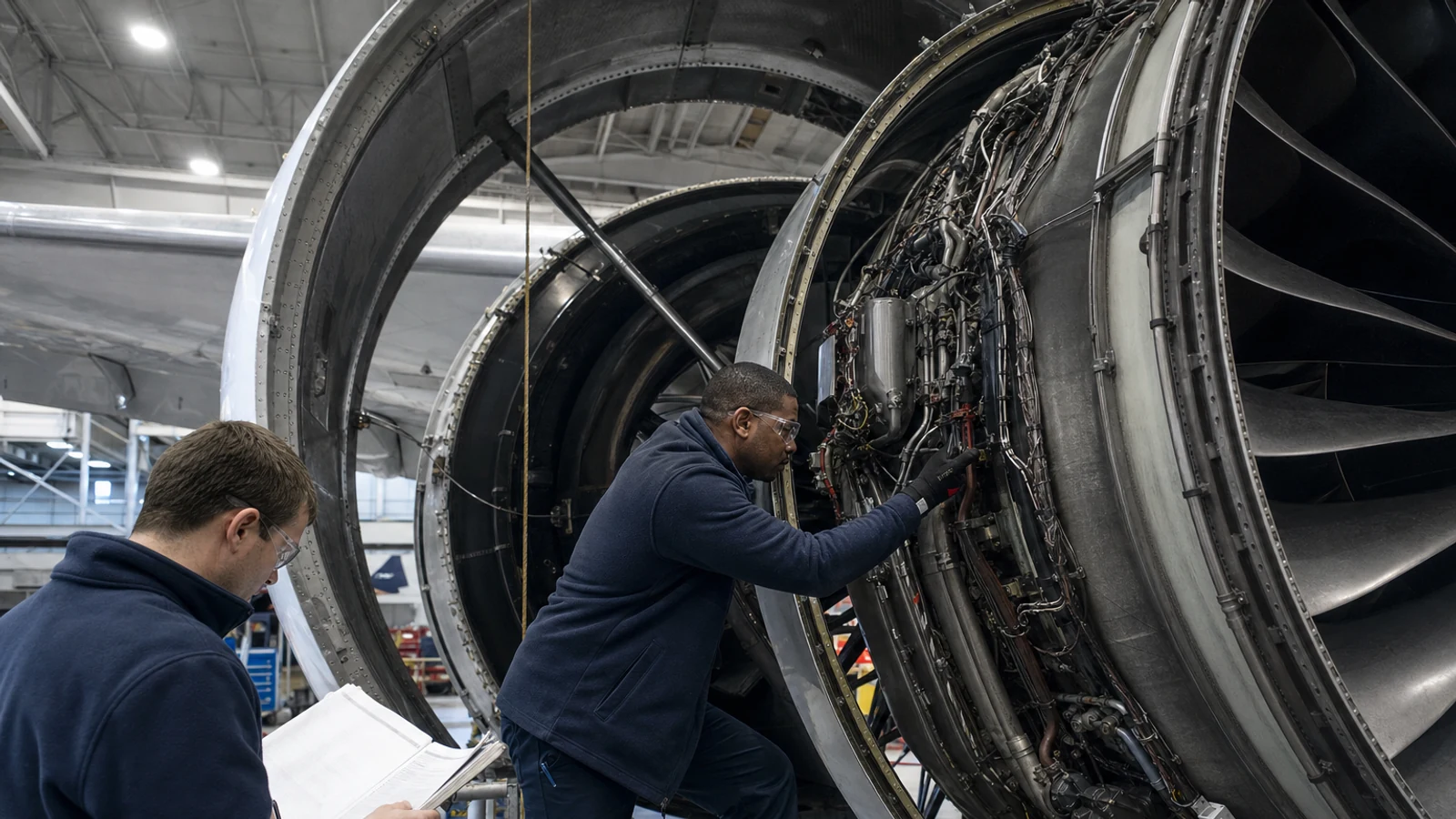Maintenance engineers inspecting a widebody engine with its cowling open.