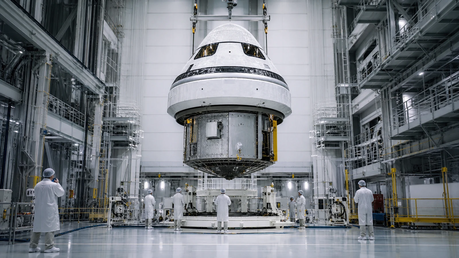 Complete crew spacecraft capsule suspended for inspection inside a high-bay integration facility.