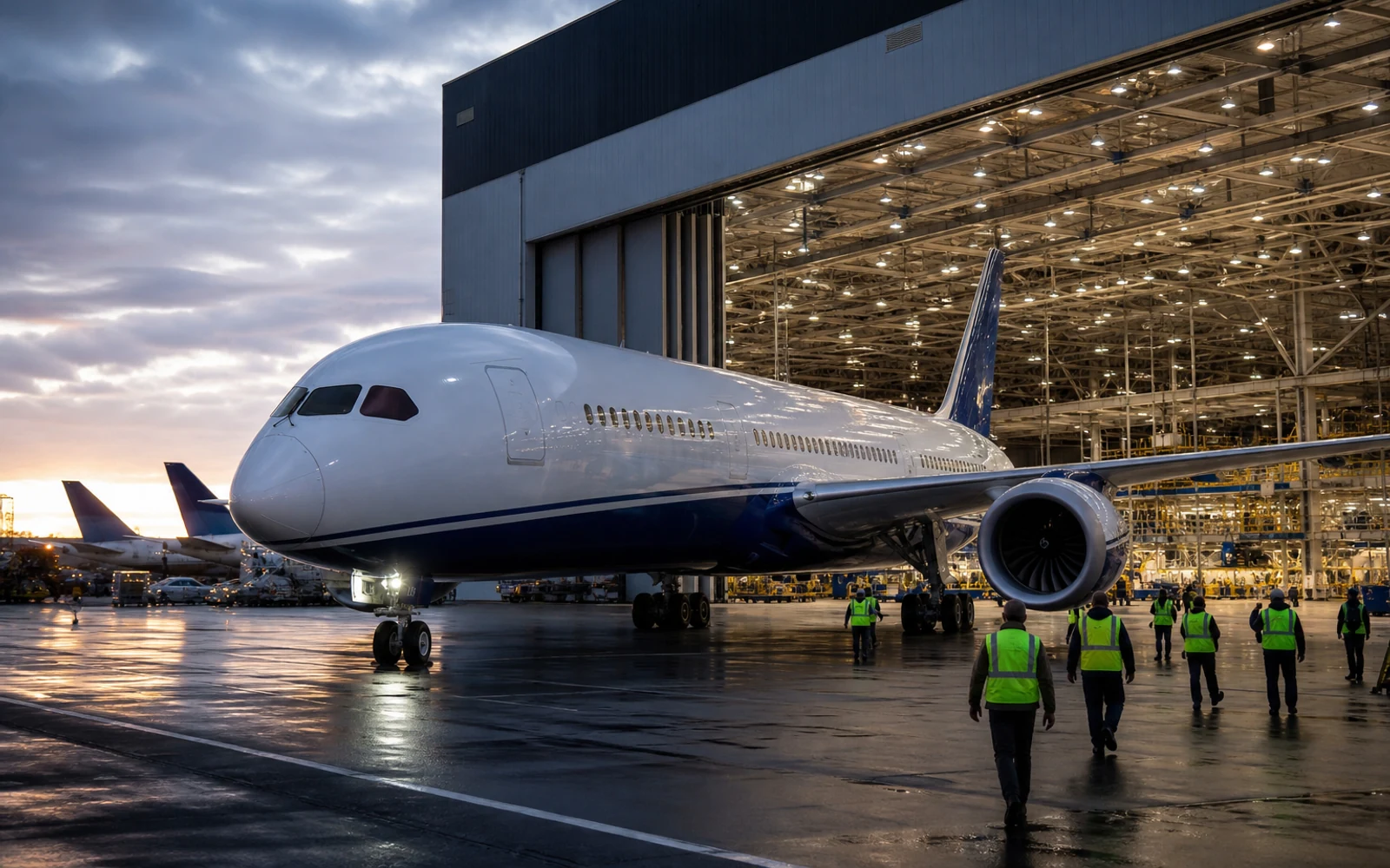 Widebody test aircraft rolling out of a large Pacific Northwest final-assembly hangar with flight-test crews.
