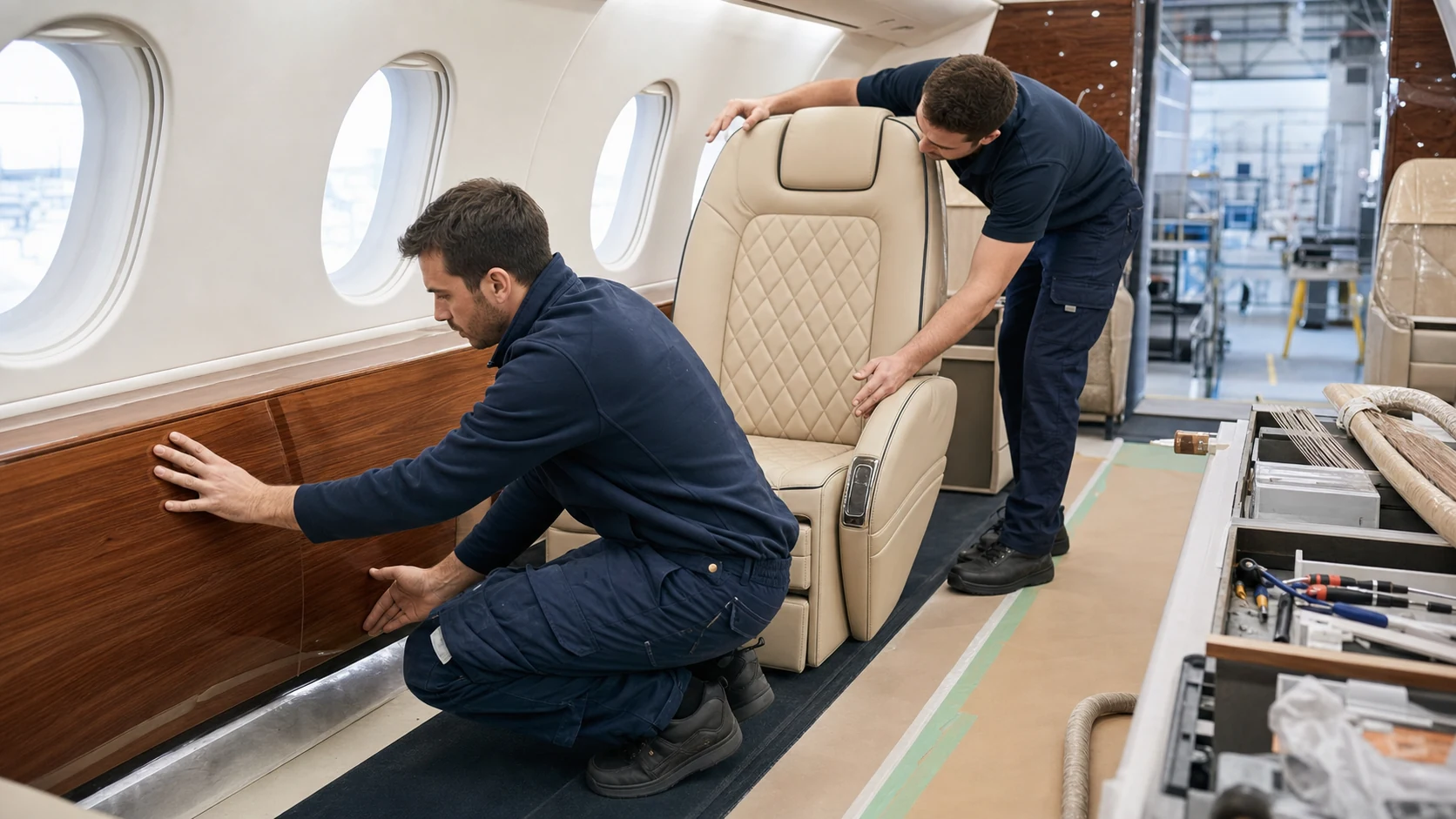 Logo-free aircraft completion scene with technicians fitting cabin woodwork and a premium seat.