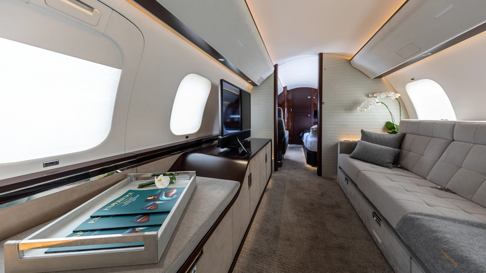 Cabin inside a Bombardier Global 7500 at the 2019 Paris Air Show.