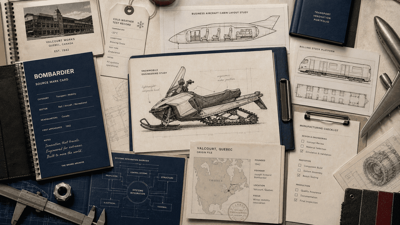 Premium editorial still-life of a Bombardier mobility engineering case with source-mark card, generic snowmobile sketch, aircraft cabin layout, railcar diagram, Valcourt origin file, manufacturing checklist, and systems blueprint