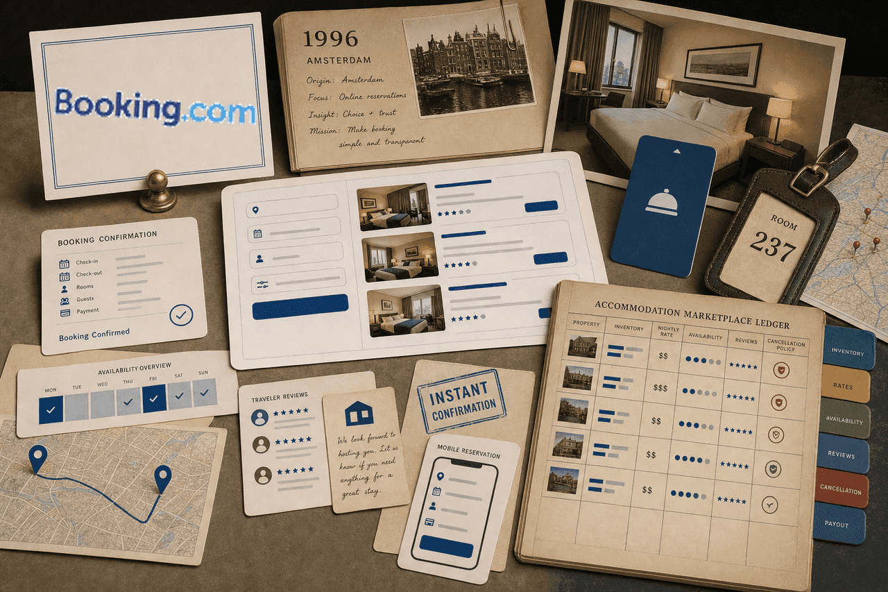Premium editorial still-life of a Booking.com accommodation marketplace case with Booking.com source-mark card, 1996 Amsterdam origin file, hotel room keycard, accommodation search study, availability strip, review cards, mobile reservation card, map route card, and marketplace ledger