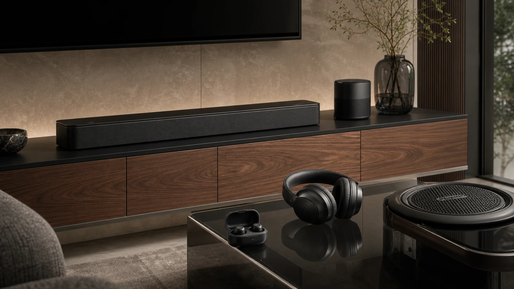 Premium audio room with soundbar, speaker, headphones, and earbuds.