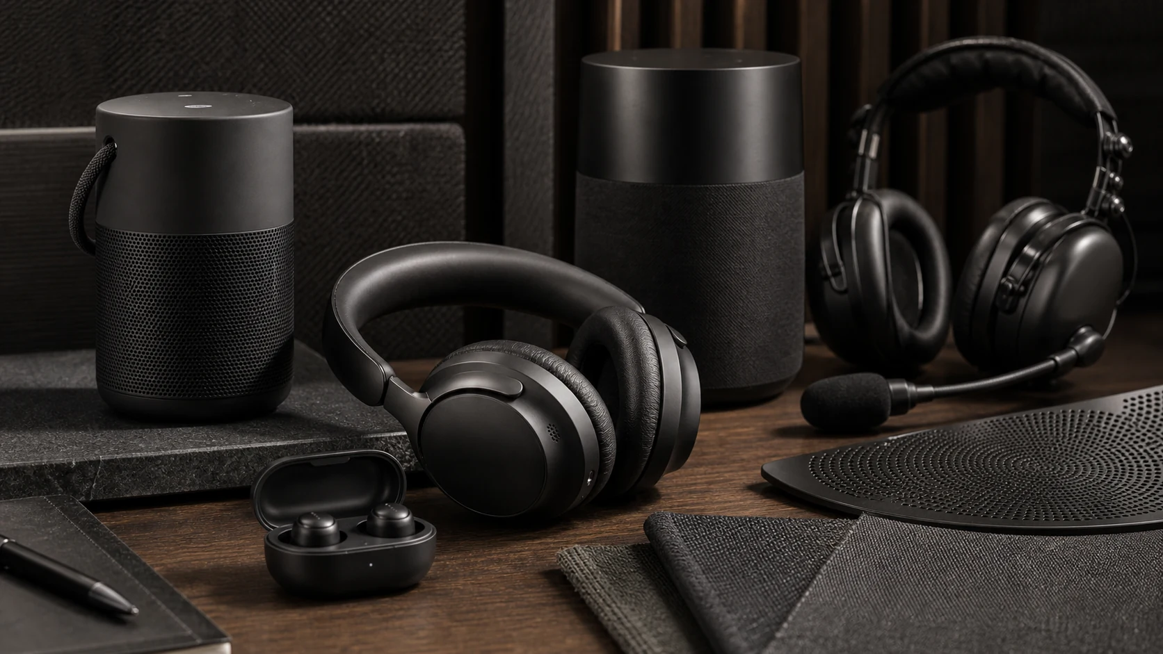 Bose-style audio product family with headphones, earbuds, portable speaker, home speaker, aviation-style headset, and acoustic material proof, with no logos or lettering.