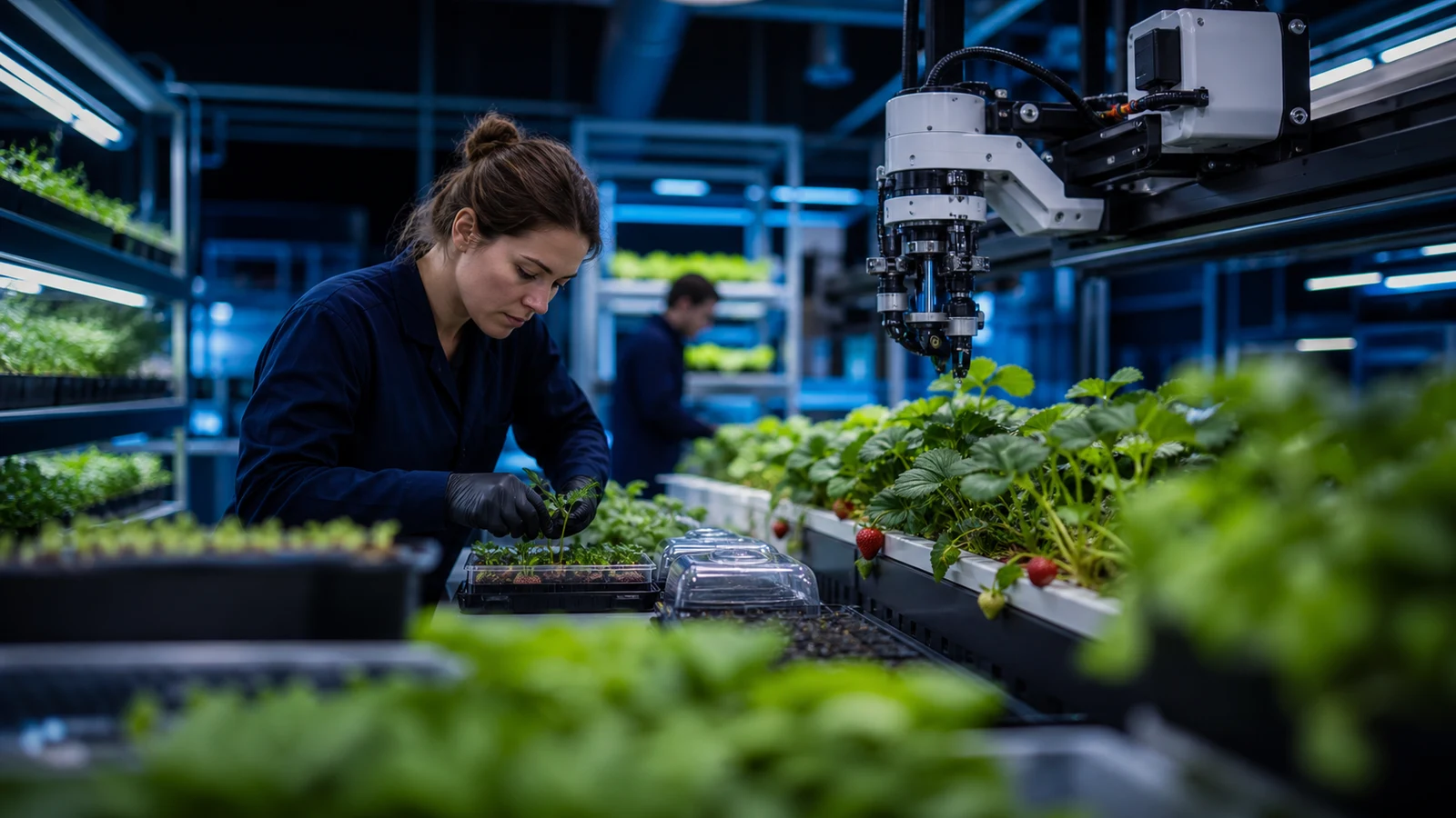 Indoor agriculture research lab with plants and robotic harvesting equipment.
