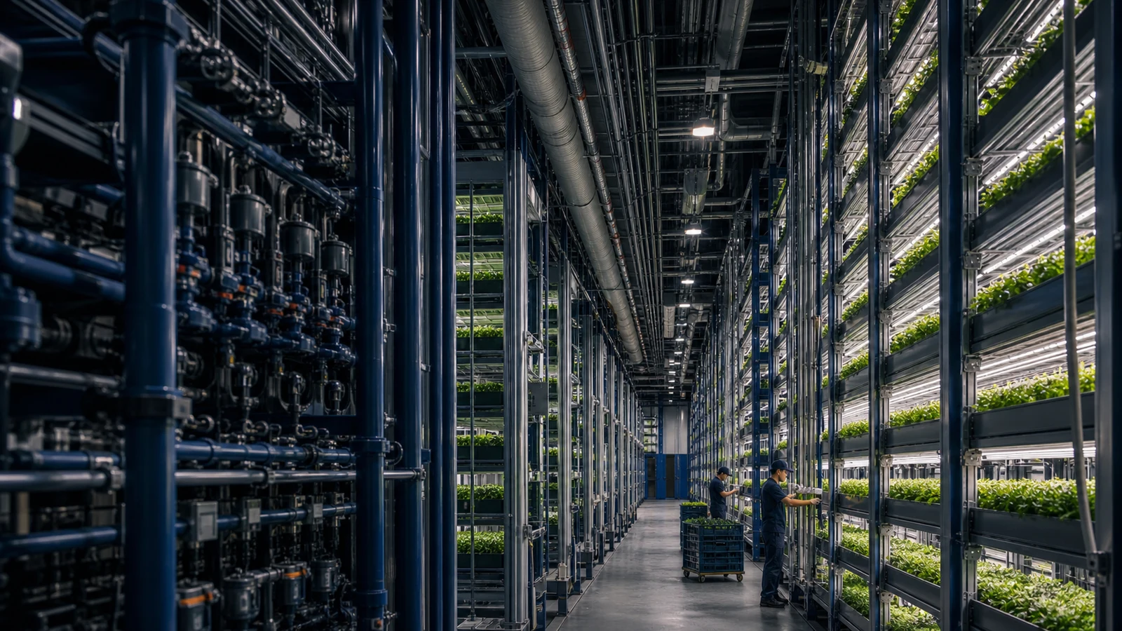 Large climate-controlled vertical farm with dense racks, water lines, and mechanical infrastructure.