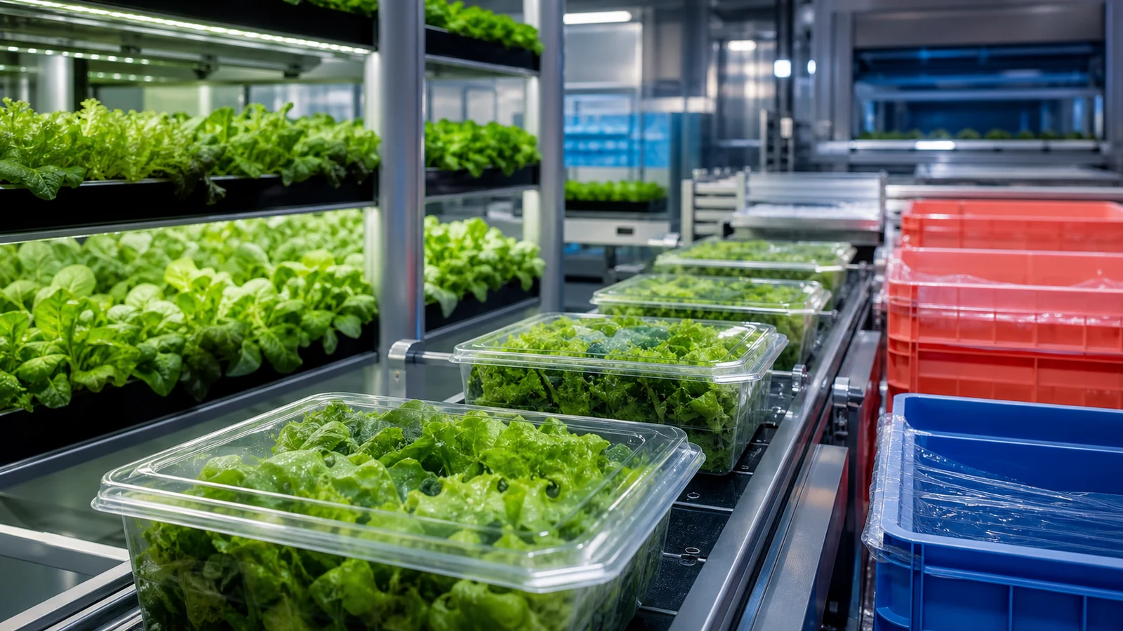 Indoor-farm produce moving through a clean packing line into blank clear containers.