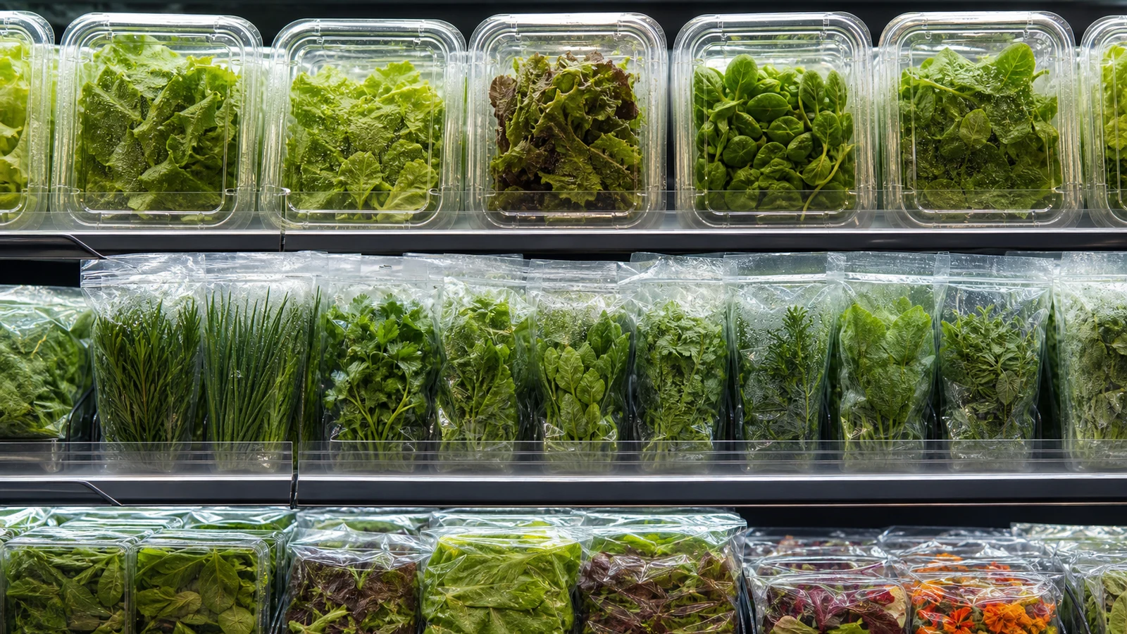 Retail shelf of leafy greens and herbs in blank clear packaging.