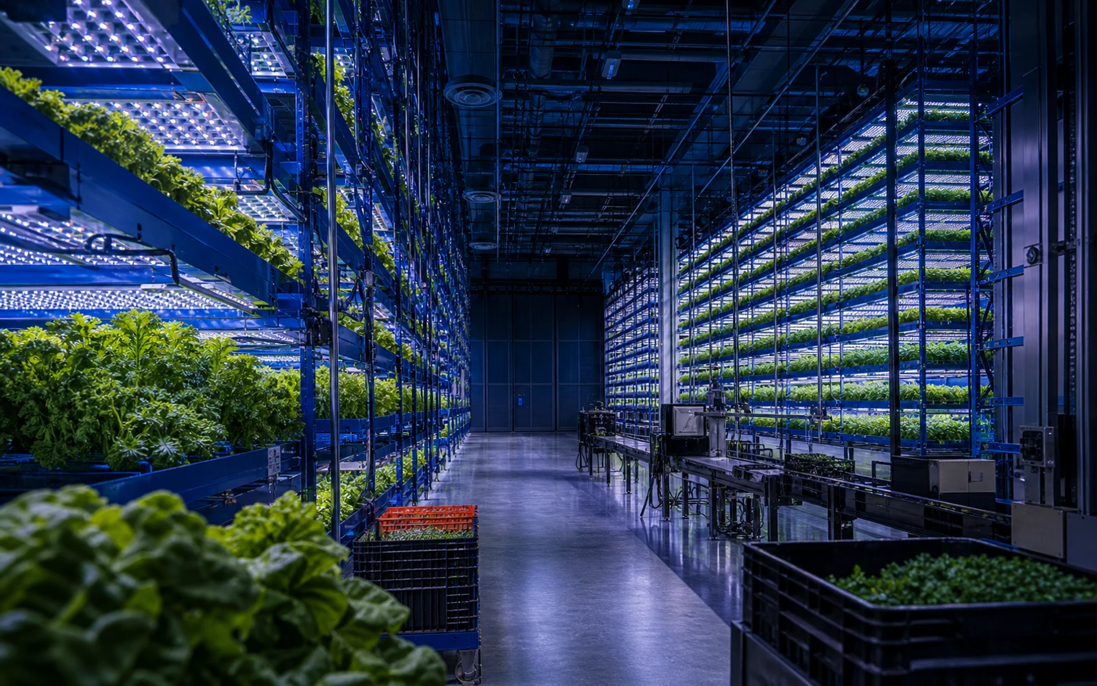 Silent indoor vertical farm with dense greens, blue grow lights, harvest crates, and inactive packing equipment.
