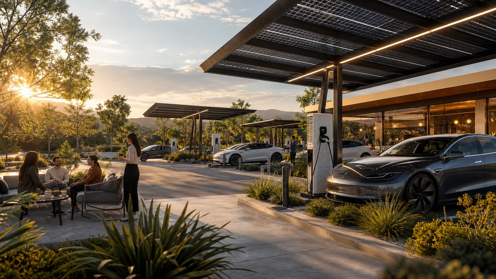 Travelers use a solar-canopy electric charging hub.