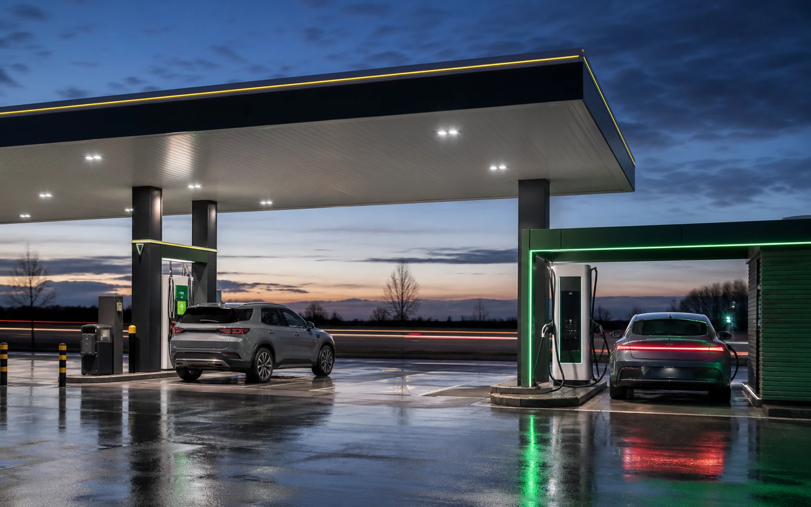 A modern energy forecourt combines liquid-fuel and rapid electric charging at blue hour.
