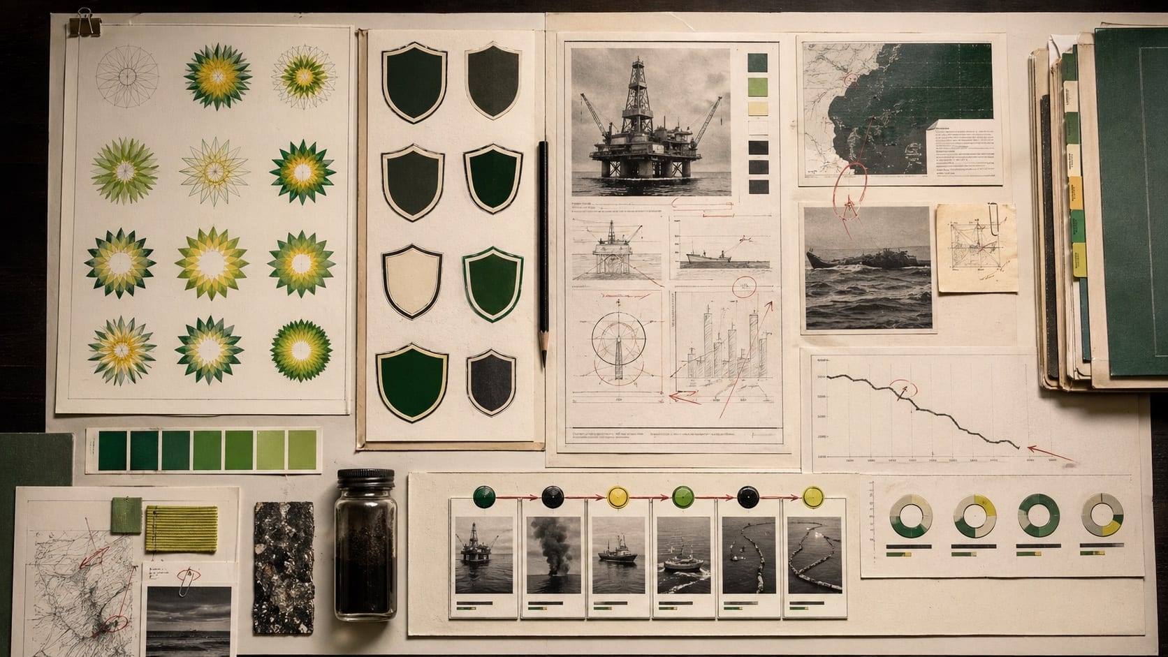 Premium editorial still-life of energy identity studies, shield sign silhouettes, oil-rig risk memos, spill-response cards, color swatches, and reputation charts