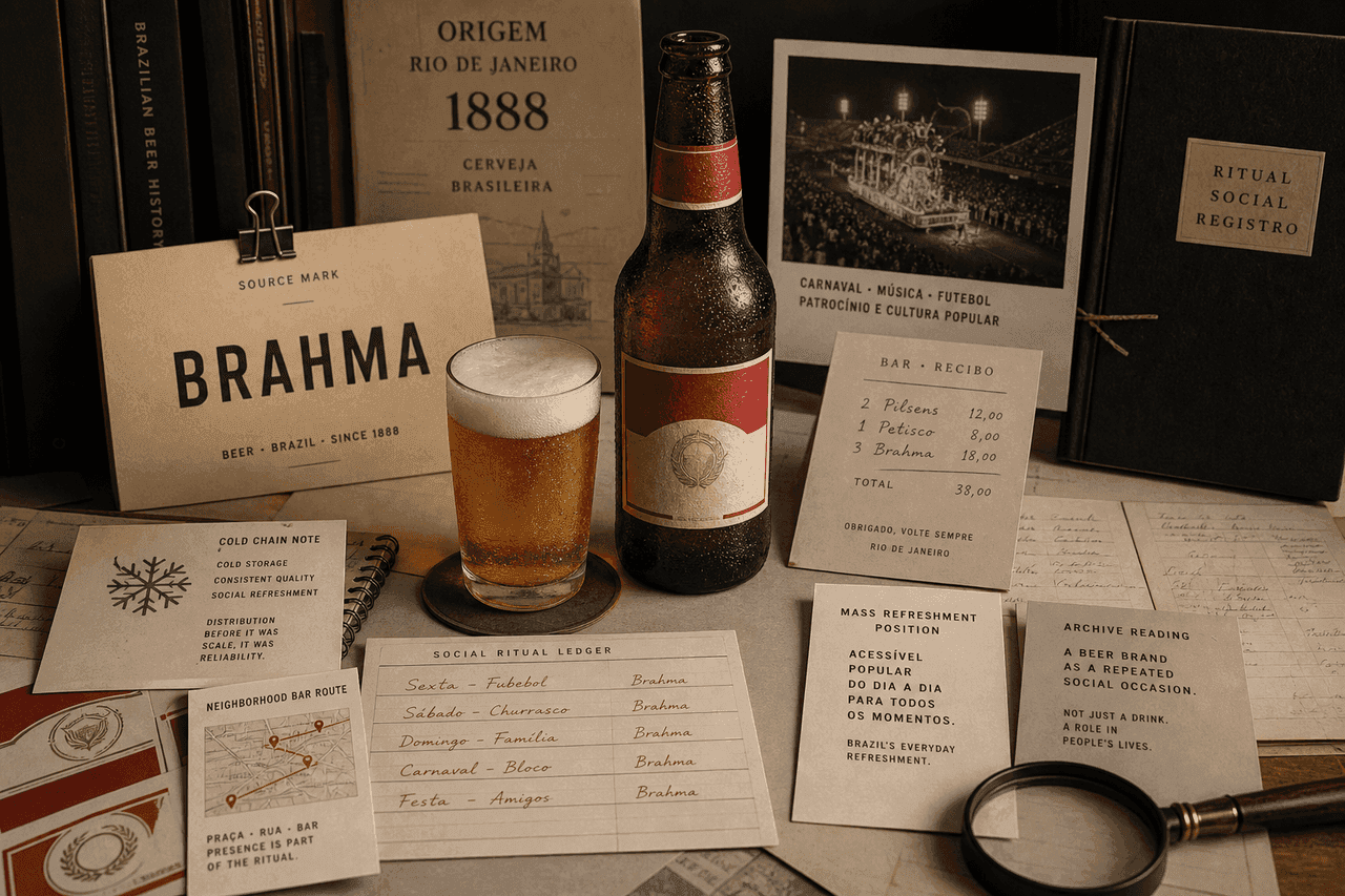 Premium editorial still-life of a Brahma beer ritual case with source-mark card, rights-safe amber bottle, chilled glass, 1888 Rio de Janeiro origin file, bar receipt dummy, cold-chain note, sponsorship memory card, and social ritual ledger