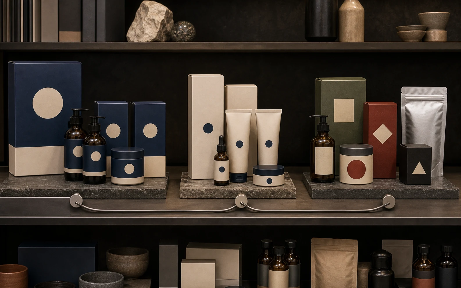 Brand architecture trust-transfer visual with related and disconnected product systems on a shelf.